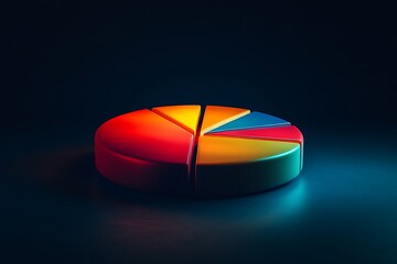 Fototapeta premium Silver 3D pie chart icon with red and blue segments on black background, perfect for business, technology, and office presentations