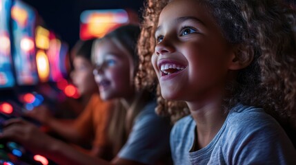A group of children brightly smile while playing arcade games. They are immersed in vibrant neon lights, capturing fun, youthfulness, and engagement.