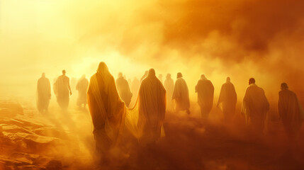 Jesus leading a group of disciples in a soft lit, ethereal scene with warm hues and flowing robes
