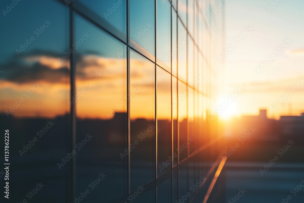 Poster sunset view through glass window featuring linear logo design with maximum details and vibrant light