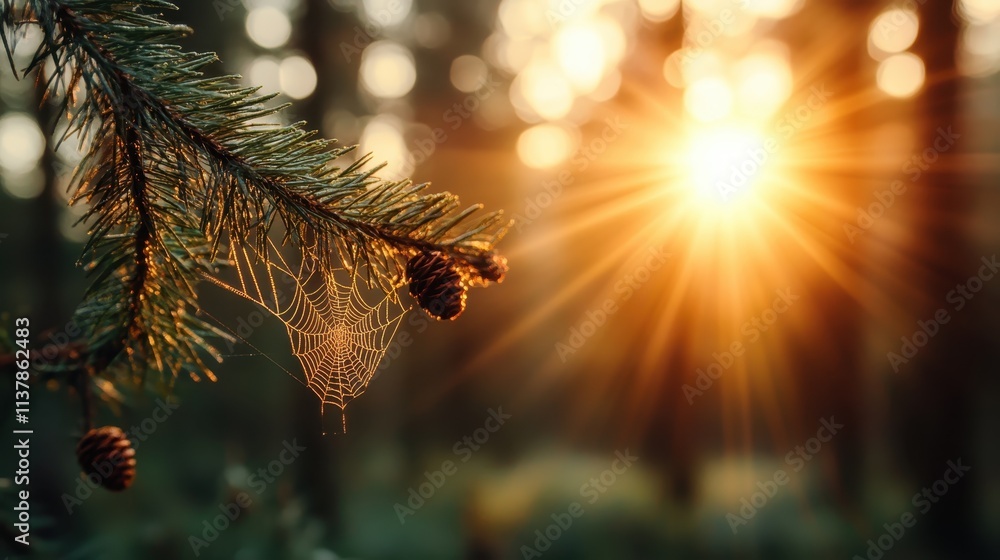 Poster a mesmerizing spider web hangs on a pine branch, illuminated by a captivating sunrise glow in a tran