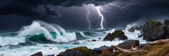 Fototapeta premium Stormy ocean waves crash against rocky shoreline during thunderstorm
