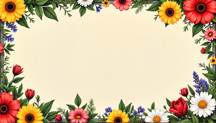 Obraz premium Floral frame with colorful flowers on light background for decoration and design with copy space, wedding ceremony