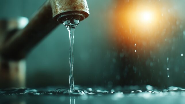A visually striking image showing a continuous stream of clean, clear water pouring from a rusted pipe into a tranquil basin, accentuated by a warm light in the distance.