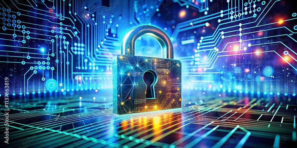 Poster surreal business it security concept with lock symbol and cybersecurity elements representing the fu