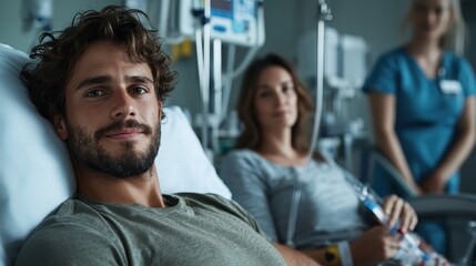 Obraz premium A young man lies gently on a hospital bed with an IV drip, showcasing a serene expression while a nurse stands by, indicating a calm, supportive healthcare environment.