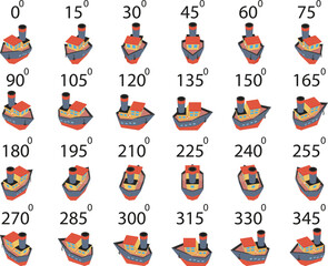 A set of 24 cartoon ships from different angles. Rotation of the steamships by 15 degrees for animation.  