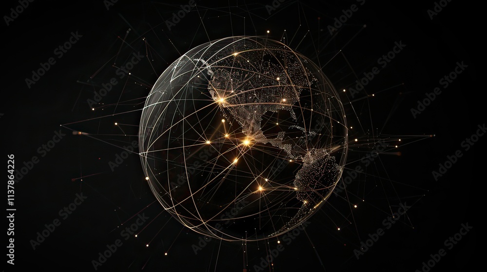 Poster abstract globe connected by lines and glowing data points.