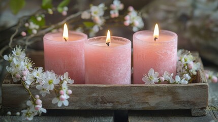 Three Pink Candles Lit Amongst Spring Blossoms