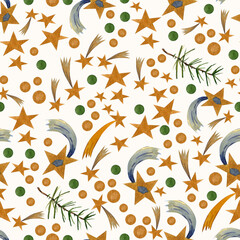 A watercolor seamless pattern with a festive theme.
Stars, golden, tree branches, Christmas, New Year, and Orthodox holidays.