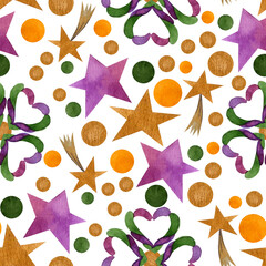 A watercolor seamless pattern with a festive theme.
Stars, tree branches, Christmas, New Year, and Orthodox holidays.