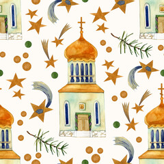 A watercolor seamless pattern with a festive theme.
Stars, churches, golden rooftops, Christmas tree branches, Christmas, New Year, and Orthodox holidays.