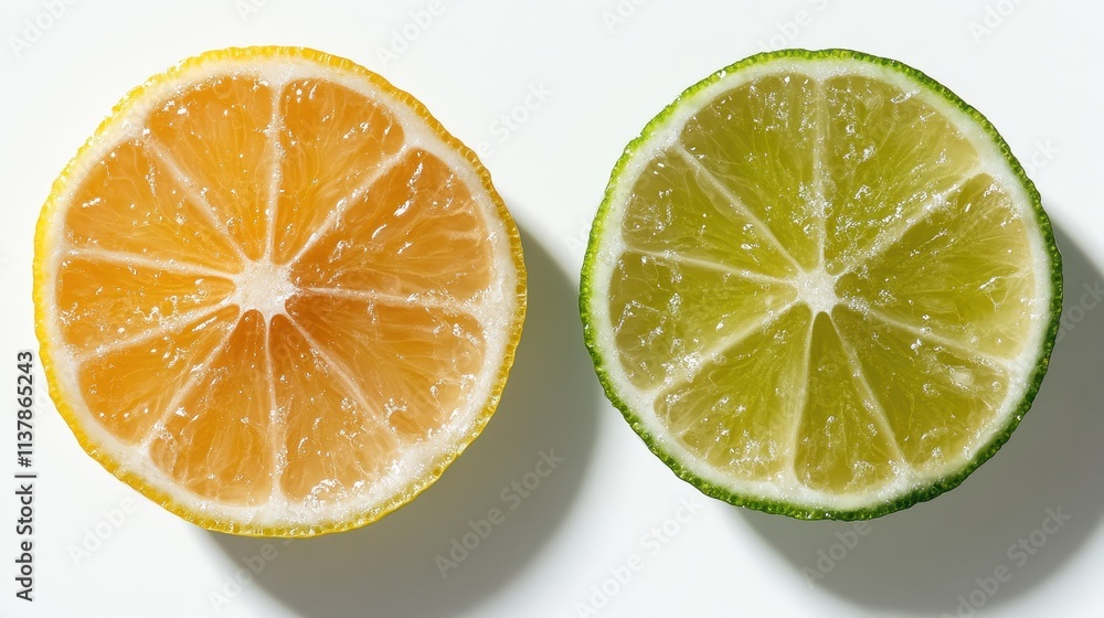 Poster this image features a detailed top-down view of a sliced lemon and lime, showcasing their contrastin