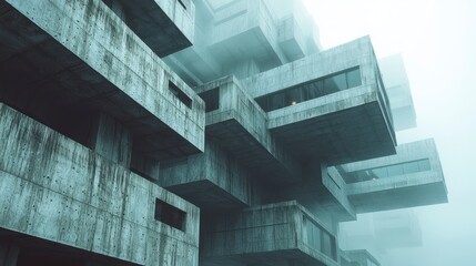 Obraz premium Urban photography of brutalist architecture capturing stacked concrete in a foggy atmosphere