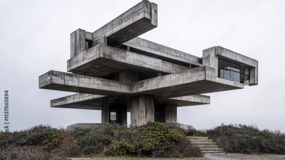 Aufkleber Exploring coastal brutalist architecture a minimalist structure in a serene landscape with urban aesthetic viewpoint