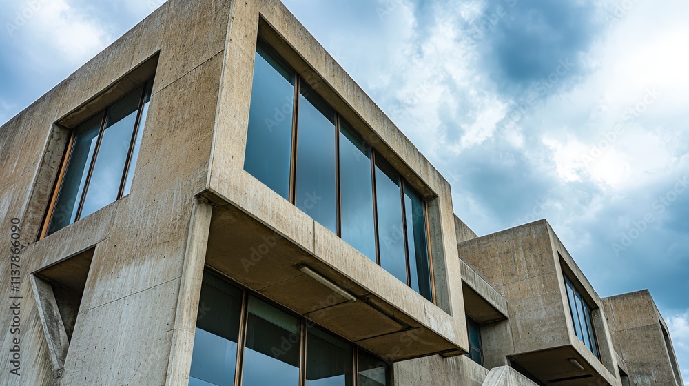 Poster modern brutalist structure in urban landscape interlocking forms and dramatic atmosphere from low an