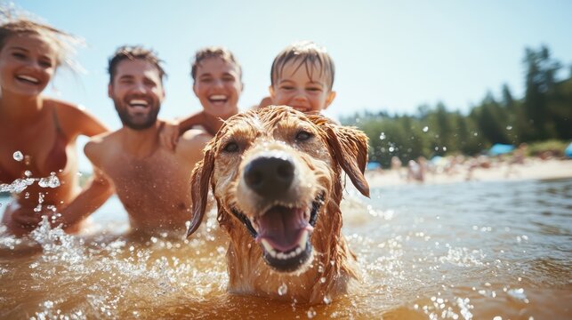 A family and their loyal dog smile and playfully splash in the lake, creating a heartwarming image of joy, shared moments, and carefree summer adventure.