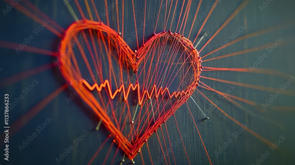 Poster Heartbeat curve string art creation artistic installation modern gallery vibrant environment close-up creative expression