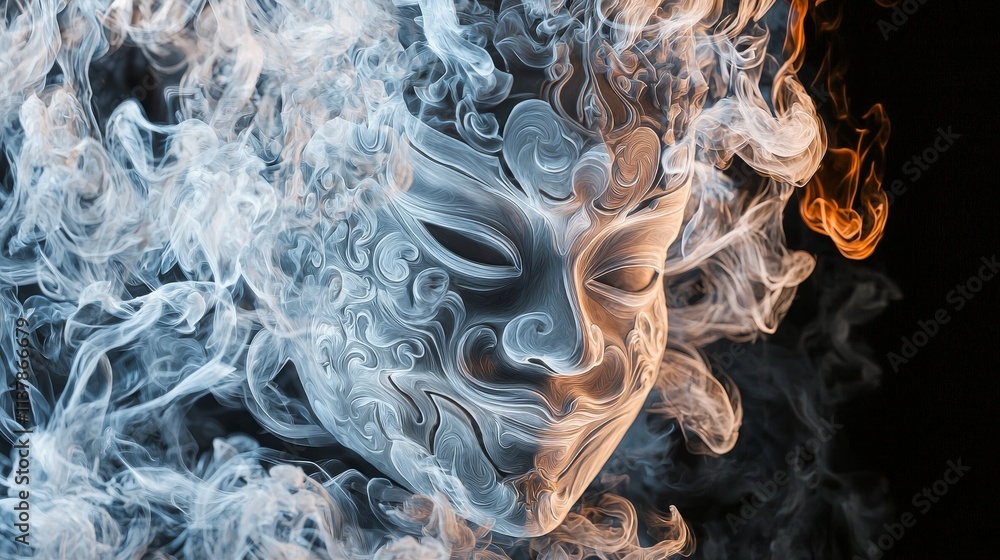 Poster incense smoke swirling around a mystical kho mask artistic display dark environment captivating view