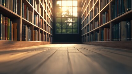 Fototapeta premium Sunlit Library Interior Bookshelves Wooden Floor Window View