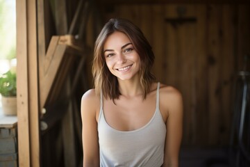 Fototapeta premium Portrait of a cheerful young woman with brown hair, enjoying a relaxing moment in a rustic barn setting
