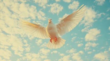 Fototapeta premium White Dove of Peace in the Air with Wings Wide Open Against Blue Cloudy Sky 