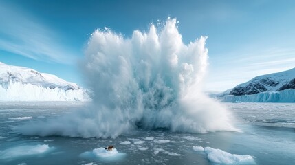 A massive ice explosion erupts in a frozen sea, sending waves and icy mist into the air, capturing the raw power and dynamic forces of a natural winter landscape.