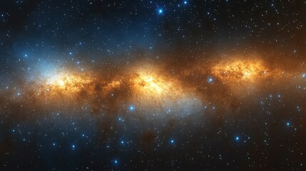 Fototapeta premium A panoramic view of a bright stellar region emitting orange light and surrounded by blue stars in space.