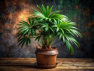 Fototapeta premium Surreal Green Lady Palm Indoor Plant in Ceramic Pot on Rustic Wooden Table - Fantasy Botanical Photography