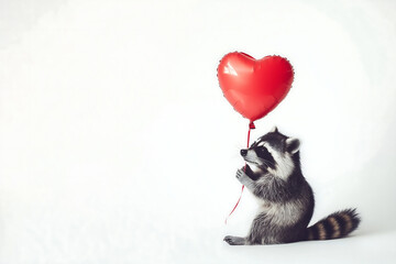 Valentines Day. Raccoon joyfully holds a red heart balloon in a minimalist setting perfect for conveying love and happiness