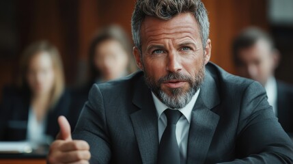 Fototapeta premium A man in a suit gestures expressively while speaking in a formal courtroom setting, demonstrating conviction, persuasion, and a sense of purpose amid attentive listeners.