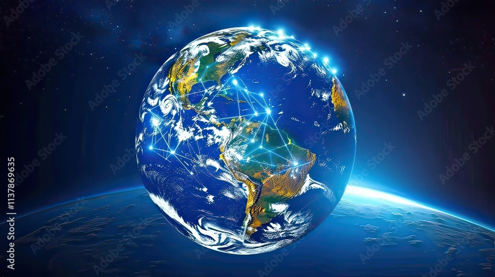 Poster earth illuminated by digital networks representing global connections.