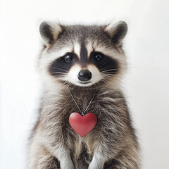 Obraz premium Valentines Day a cute raccoon wearing a heart pendant poses with playful charm in bright setting