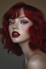 Fototapeta premium Crimson red haired woman with glowing fair skin, bold shimmering burgundy lips, and radiant rosy cheeks, enhanced by glitter accents in her eye makeup