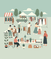 flea market scene featuring cartoon-style characters, showcasing the sale of second-hand items in a flat vector illustration. banner or backdrop design for promoting garage sale