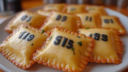 Ravioli with numbers on a white plate