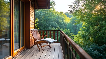 Elegant vacation home with a wooden chair on a relaxing balcony overlooking nature