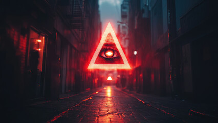 Illuminated Triangle with All-Seeing Eye in a Dark Alleyway