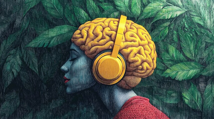 Close-up girl with a yellow brain wearing headphones on a green leave background. Generative AI.