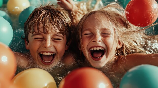 Two siblings have fun in the water, submerged in a pool filled with colorful balls, capturing a playful and joyous moment of their carefree childhood.