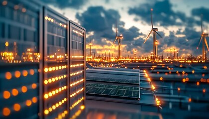 Fototapeta premium A vibrant landscape featuring illuminated structures, wind turbines, and a beautiful sky, showcasing renewable energy and modern technology.