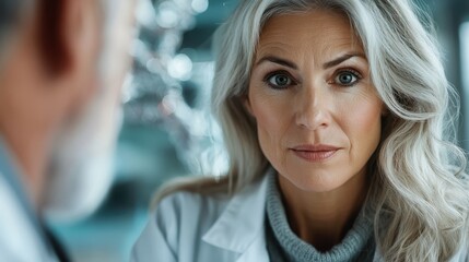 Obraz premium A thoughtful female doctor, deep in contemplation, stands in a lab gazing intently, surrounded by modern equipment, portraying dedication and expertise in her field.