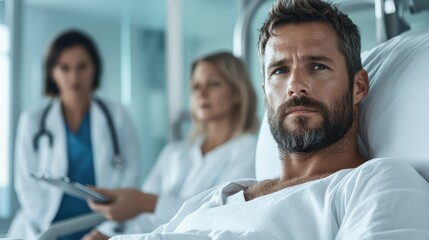 Fototapeta premium A man observed by doctors lies in a hospital bed, focusing on patient care and healthcare professionals, expressing vulnerability and medical treatment.