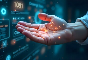 A close-up of a human hand merging with digital circuits, with glowing lines flowing from the skin into a futuristic interface. 