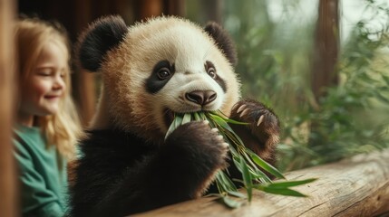 Obraz premium A young girl is delighted while watching a panda eat bamboo in a zoo, sharing a moment of joy and fascination with the animal's natural behavior.