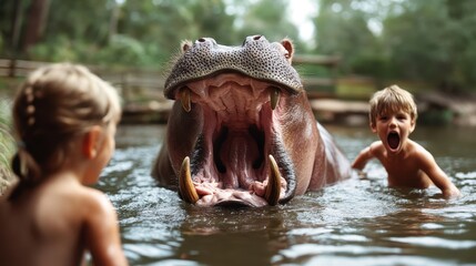 Excited kids splash alongside a hippo in a river, sharing a thrilling adventure as they experience the magnificent presence of this immense creature up close.