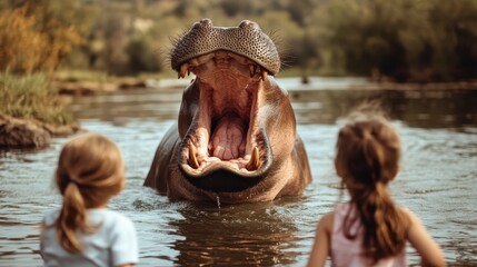 A hippopotamus opens its mouth wide in a river, capturing the attention and amazement of two young children observing the magnificent creature closely.