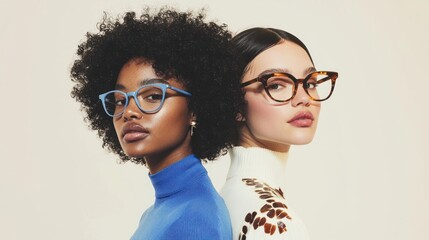 two female models wearing stylish eyeglasses on clean white background
