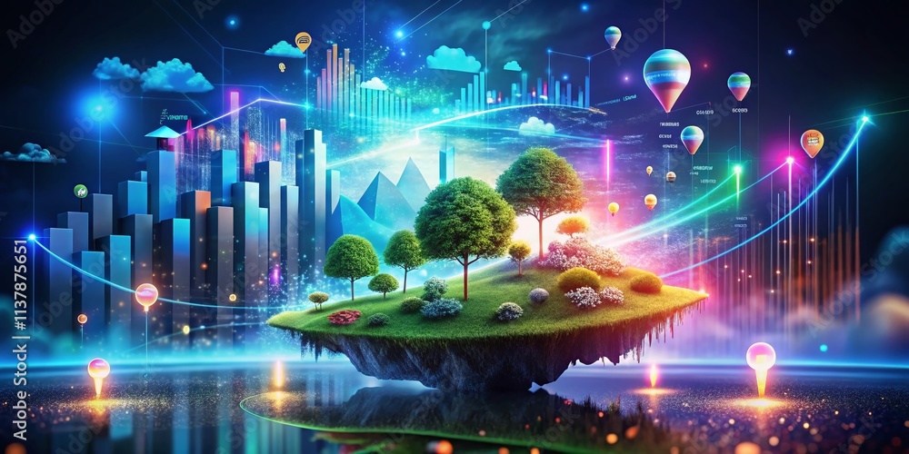 Poster surreal representation of digital transformation in business growth with graphs and abstract element