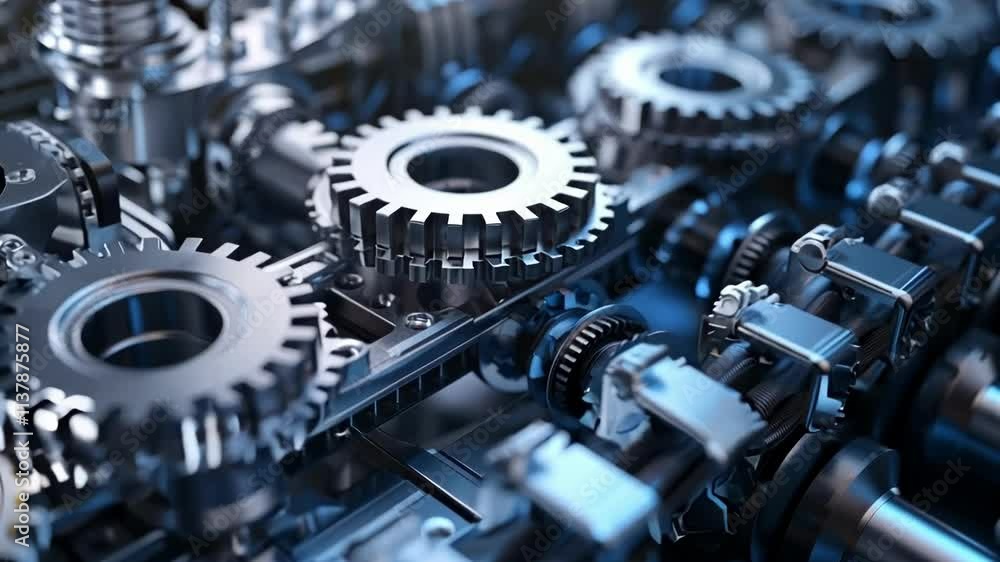 Poster Multiple views of a complex machine with shiny metallic gears rotating. The sophisticated mechanism features numerous moving parts, showcasing the intricacies of modern engineering